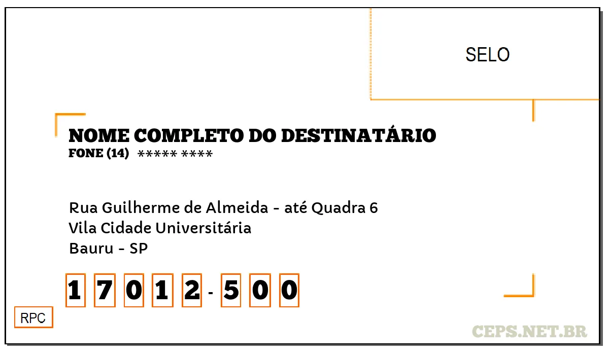 CEP BAURU - SP, DDD 14, CEP 17012500, RUA GUILHERME DE ALMEIDA - ATÉ QUADRA 6, BAIRRO VILA CIDADE UNIVERSITÁRIA.