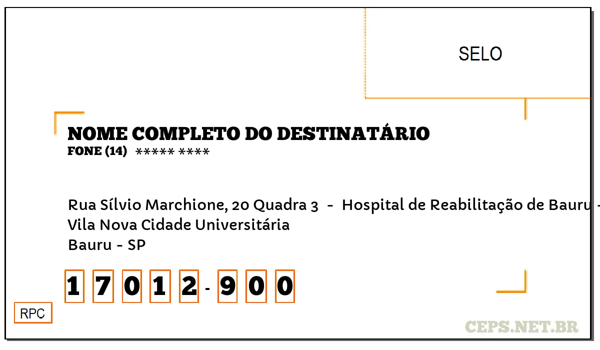 CEP BAURU - SP, DDD 14, CEP 17012900, RUA SÍLVIO MARCHIONE, 20 QUADRA 3 , BAIRRO VILA NOVA CIDADE UNIVERSITÁRIA.