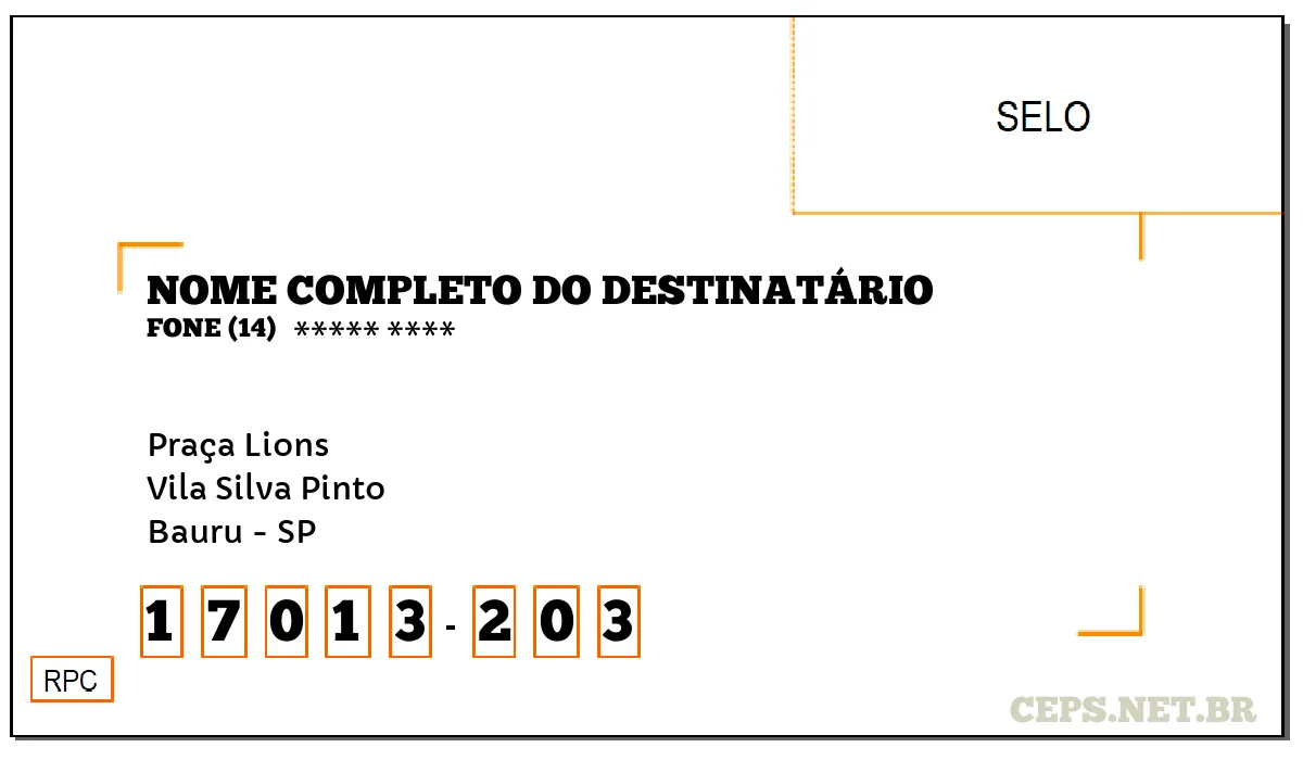 CEP BAURU - SP, DDD 14, CEP 17013203, PRAÇA LIONS, BAIRRO VILA SILVA PINTO.