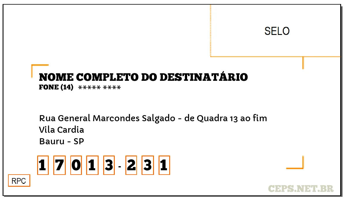 CEP BAURU - SP, DDD 14, CEP 17013231, RUA GENERAL MARCONDES SALGADO - DE QUADRA 13 AO FIM, BAIRRO VILA CARDIA.