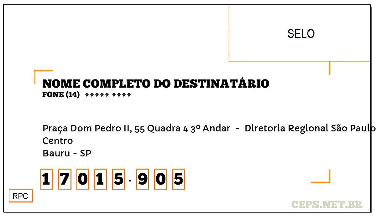 CEP BAURU - SP, DDD 14, CEP 17015905, PRAÇA DOM PEDRO II, 55 QUADRA 4 3º ANDAR , BAIRRO CENTRO.