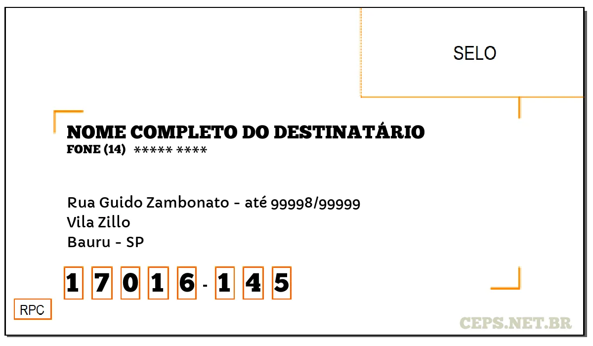 CEP BAURU - SP, DDD 14, CEP 17016145, RUA GUIDO ZAMBONATO - ATÉ 99998/99999, BAIRRO VILA ZILLO.