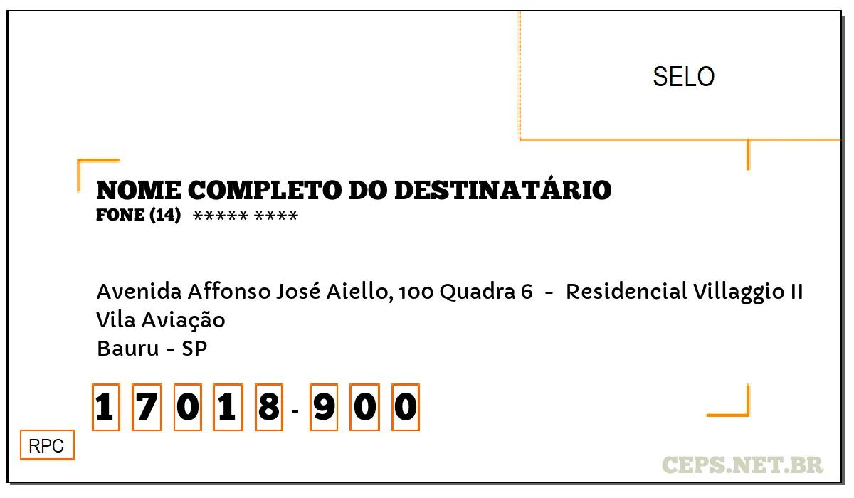 CEP BAURU - SP, DDD 14, CEP 17018900, AVENIDA AFFONSO JOSÉ AIELLO, 100 QUADRA 6 , BAIRRO VILA AVIAÇÃO.