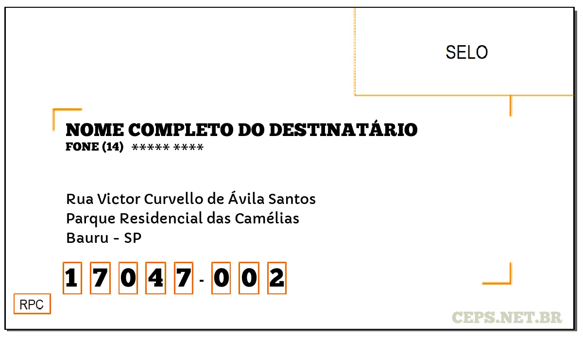 CEP BAURU - SP, DDD 14, CEP 17047002, RUA VICTOR CURVELLO DE ÁVILA SANTOS, BAIRRO PARQUE RESIDENCIAL DAS CAMÉLIAS.