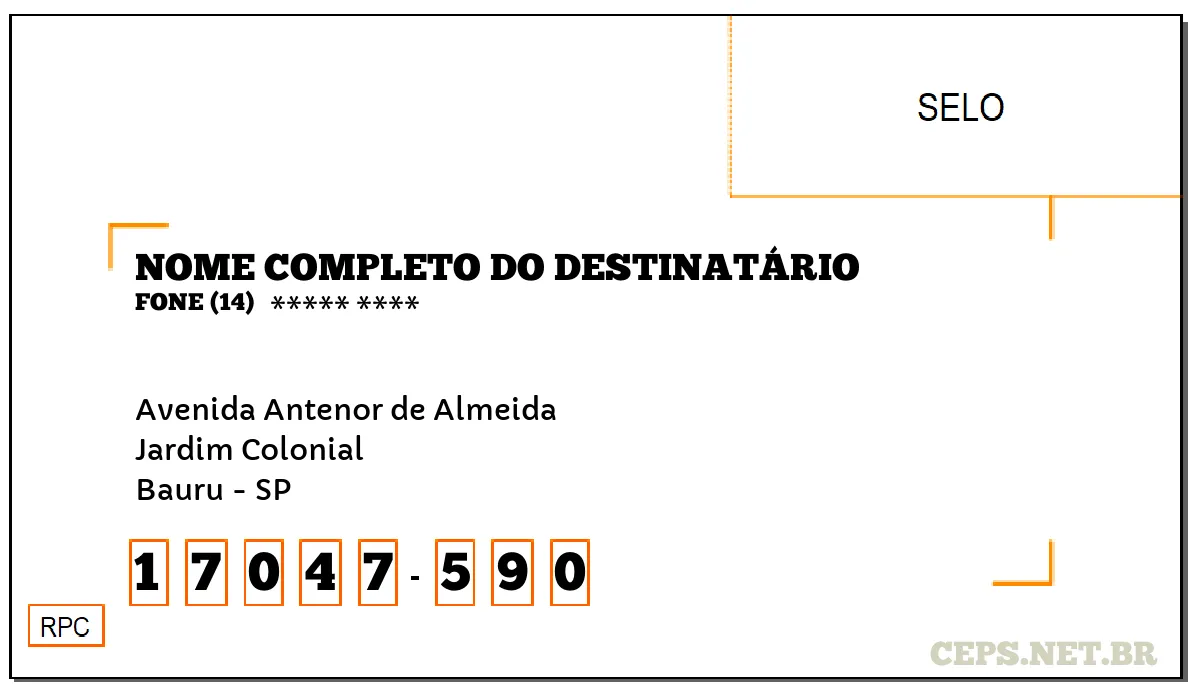 CEP BAURU - SP, DDD 14, CEP 17047590, AVENIDA ANTENOR DE ALMEIDA, BAIRRO JARDIM COLONIAL.