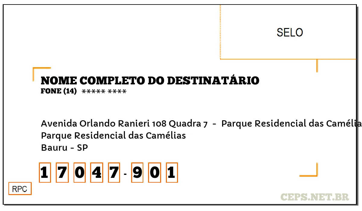 CEP BAURU - SP, DDD 14, CEP 17047901, AVENIDA ORLANDO RANIERI 108 QUADRA 7 , BAIRRO PARQUE RESIDENCIAL DAS CAMÉLIAS.