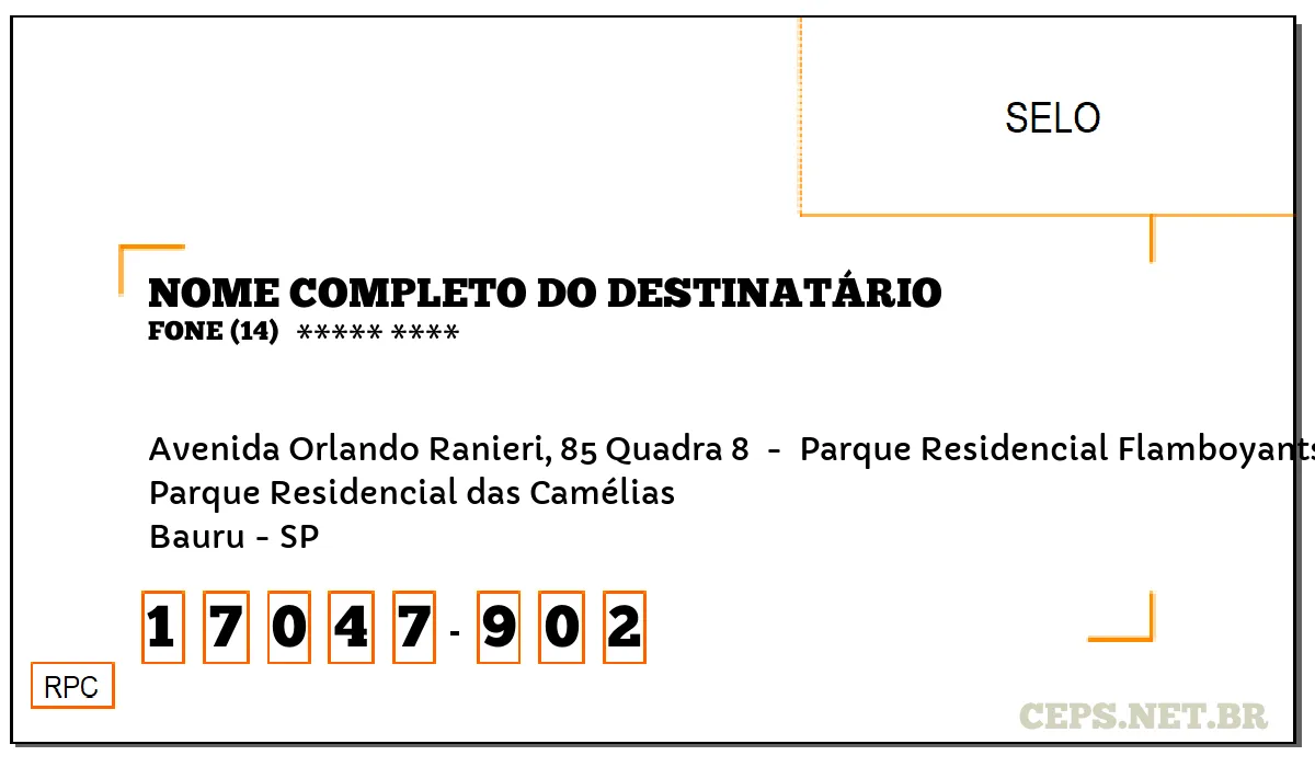 CEP BAURU - SP, DDD 14, CEP 17047902, AVENIDA ORLANDO RANIERI, 85 QUADRA 8 , BAIRRO PARQUE RESIDENCIAL DAS CAMÉLIAS.