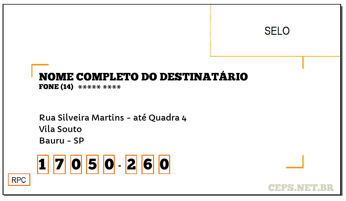 CEP BAURU - SP, DDD 14, CEP 17050260, RUA SILVEIRA MARTINS - ATÉ QUADRA 4, BAIRRO VILA SOUTO.