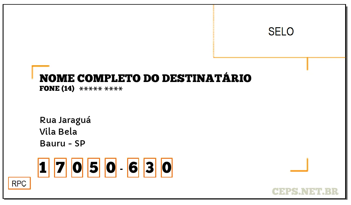 CEP BAURU - SP, DDD 14, CEP 17050630, RUA JARAGUÁ, BAIRRO VILA BELA.