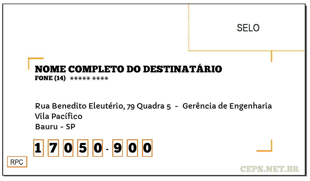 CEP BAURU - SP, DDD 14, CEP 17050900, RUA BENEDITO ELEUTÉRIO, 79 QUADRA 5 , BAIRRO VILA PACÍFICO.