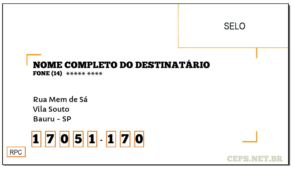 CEP BAURU - SP, DDD 14, CEP 17051170, RUA MEM DE SÁ, BAIRRO VILA SOUTO.