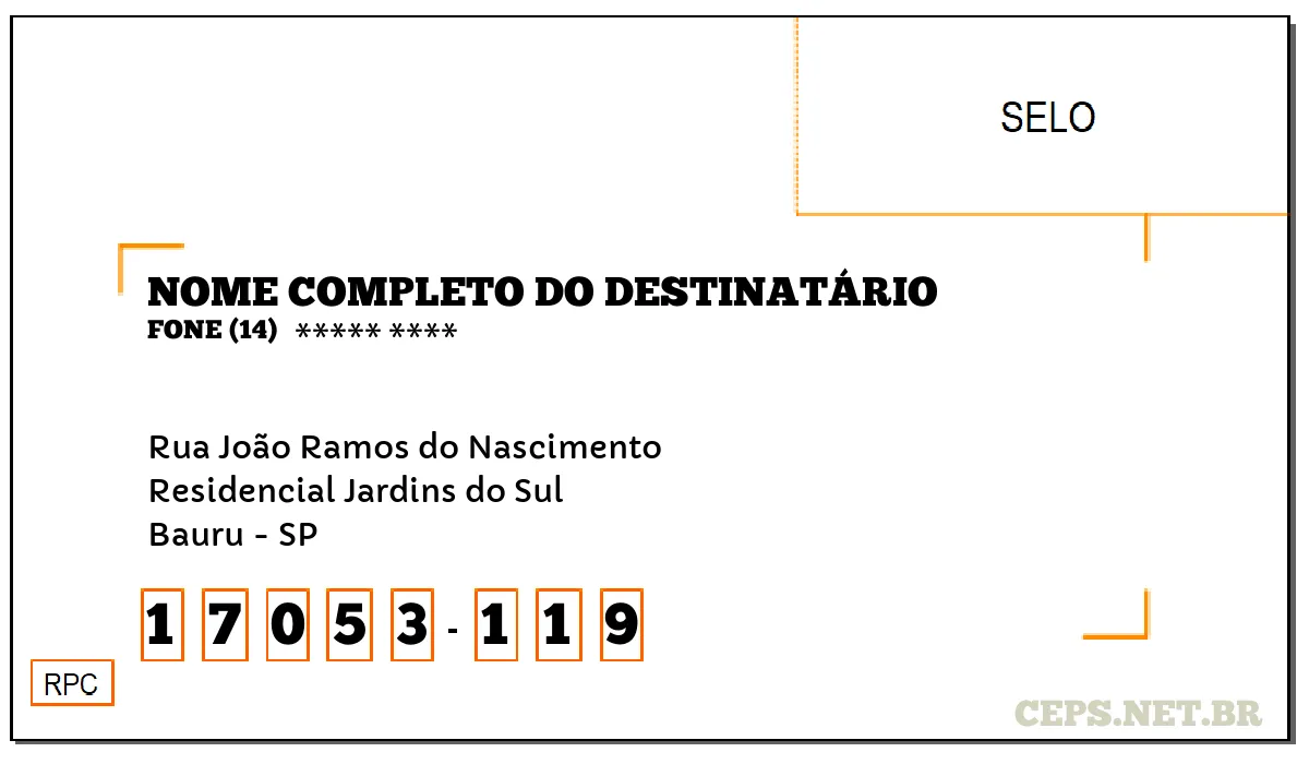 CEP BAURU - SP, DDD 14, CEP 17053119, RUA JOÃO RAMOS DO NASCIMENTO, BAIRRO RESIDENCIAL JARDINS DO SUL.