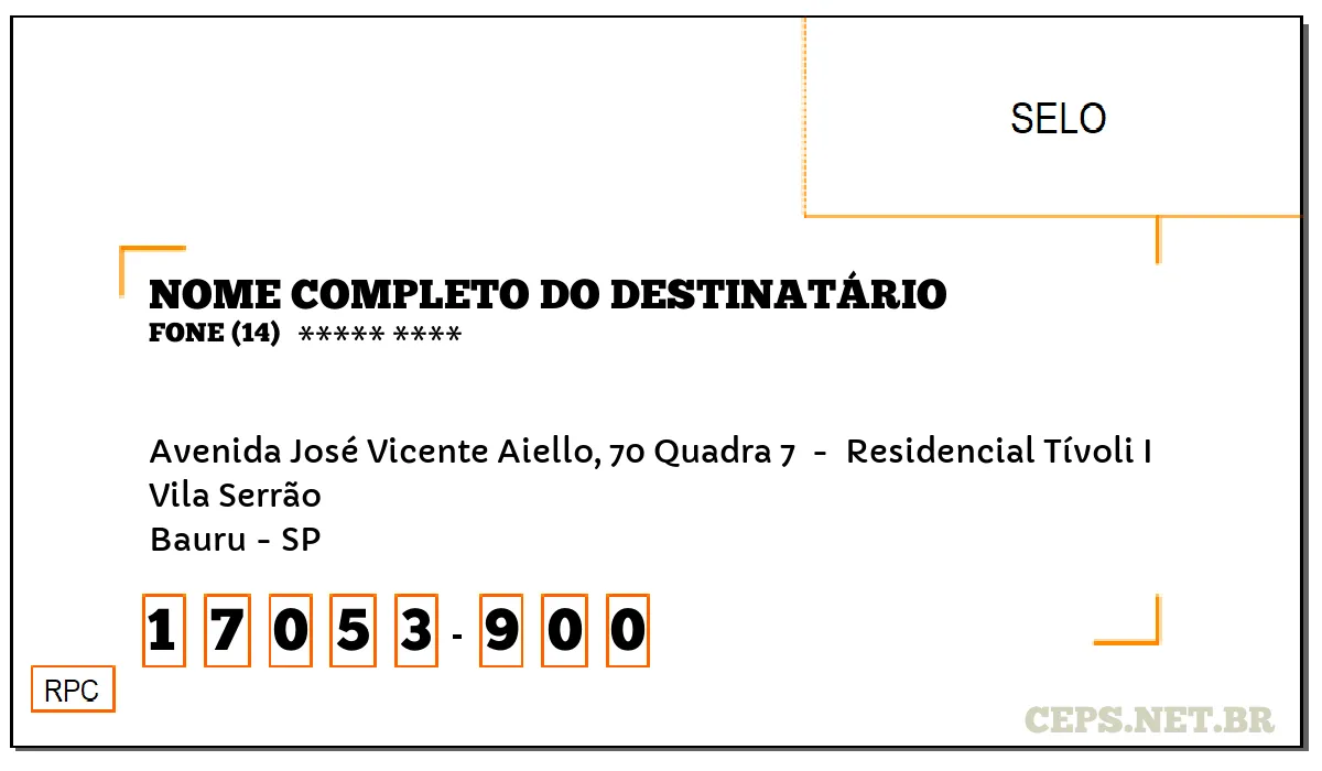 CEP BAURU - SP, DDD 14, CEP 17053900, AVENIDA JOSÉ VICENTE AIELLO, 70 QUADRA 7 , BAIRRO VILA SERRÃO.