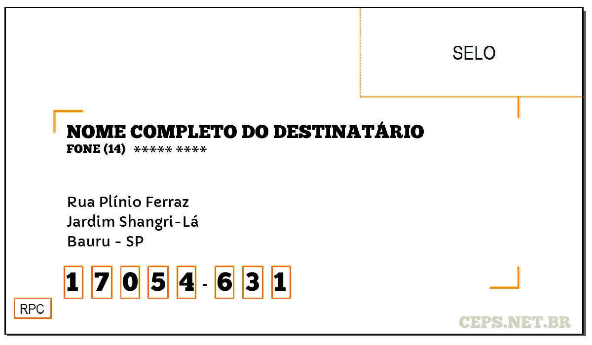 CEP BAURU - SP, DDD 14, CEP 17054631, RUA PLÍNIO FERRAZ, BAIRRO JARDIM SHANGRI-LÁ.