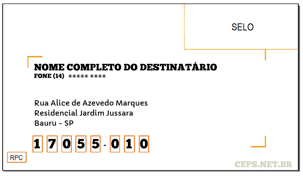 CEP BAURU - SP, DDD 14, CEP 17055010, RUA ALICE DE AZEVEDO MARQUES, BAIRRO RESIDENCIAL JARDIM JUSSARA.