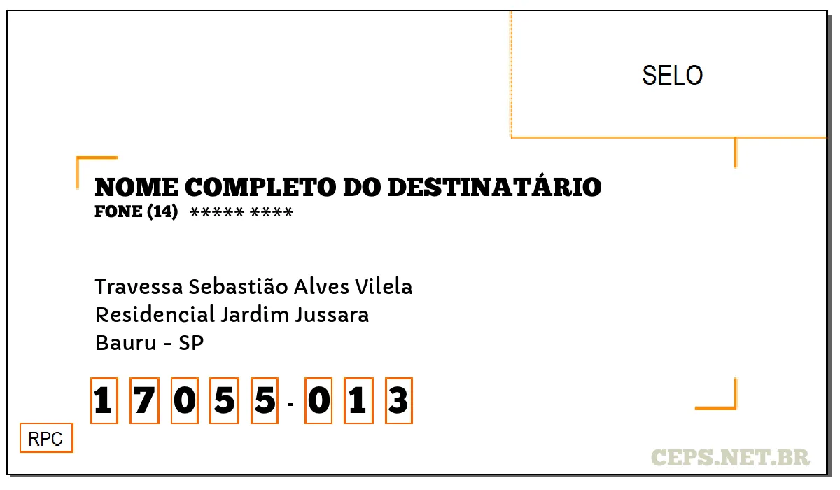 CEP BAURU - SP, DDD 14, CEP 17055013, TRAVESSA SEBASTIÃO ALVES VILELA, BAIRRO RESIDENCIAL JARDIM JUSSARA.