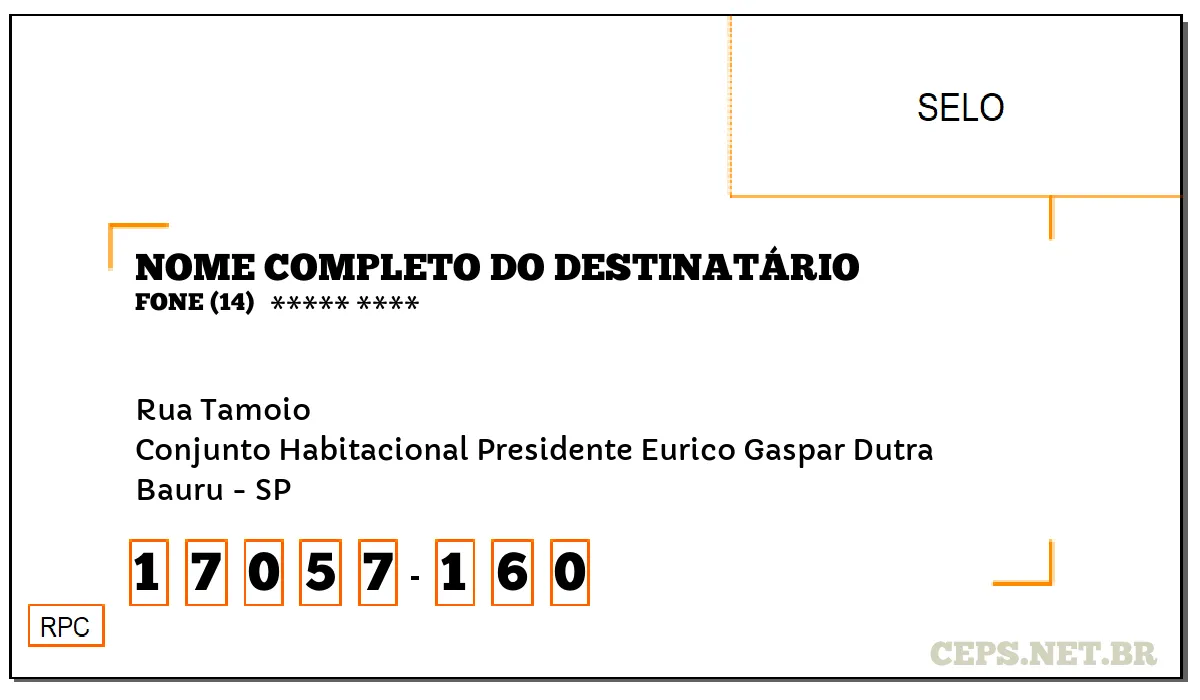 CEP BAURU - SP, DDD 14, CEP 17057160, RUA TAMOIO, BAIRRO CONJUNTO HABITACIONAL PRESIDENTE EURICO GASPAR DUTRA.