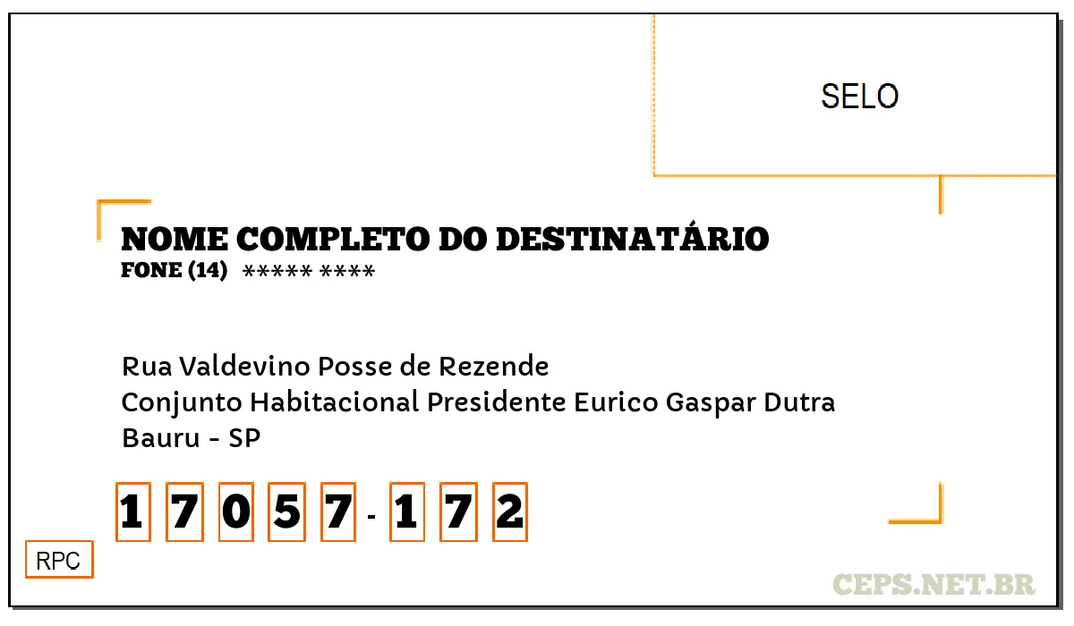 CEP BAURU - SP, DDD 14, CEP 17057172, RUA VALDEVINO POSSE DE REZENDE, BAIRRO CONJUNTO HABITACIONAL PRESIDENTE EURICO GASPAR DUTRA.