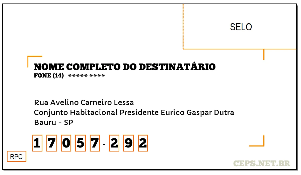 CEP BAURU - SP, DDD 14, CEP 17057292, RUA AVELINO CARNEIRO LESSA, BAIRRO CONJUNTO HABITACIONAL PRESIDENTE EURICO GASPAR DUTRA.