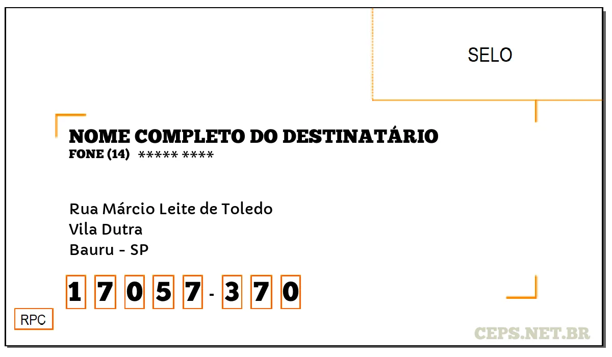 CEP BAURU - SP, DDD 14, CEP 17057370, RUA MÁRCIO LEITE DE TOLEDO, BAIRRO VILA DUTRA.