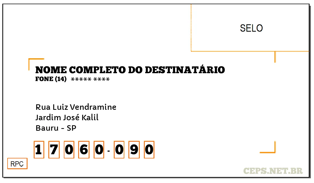 CEP BAURU - SP, DDD 14, CEP 17060090, RUA LUIZ VENDRAMINE, BAIRRO JARDIM JOSÉ KALIL.