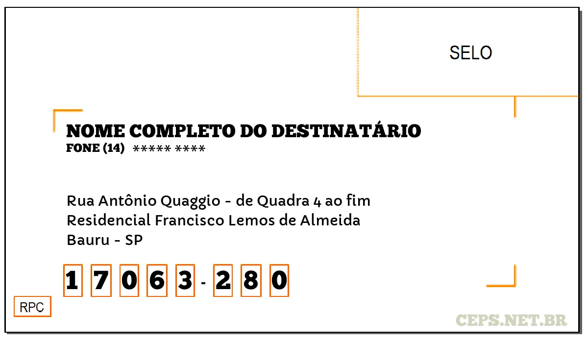 CEP BAURU - SP, DDD 14, CEP 17063280, RUA ANTÔNIO QUAGGIO - DE QUADRA 4 AO FIM, BAIRRO RESIDENCIAL FRANCISCO LEMOS DE ALMEIDA.