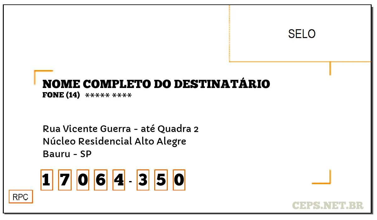 CEP BAURU - SP, DDD 14, CEP 17064350, RUA VICENTE GUERRA - ATÉ QUADRA 2, BAIRRO NÚCLEO RESIDENCIAL ALTO ALEGRE.