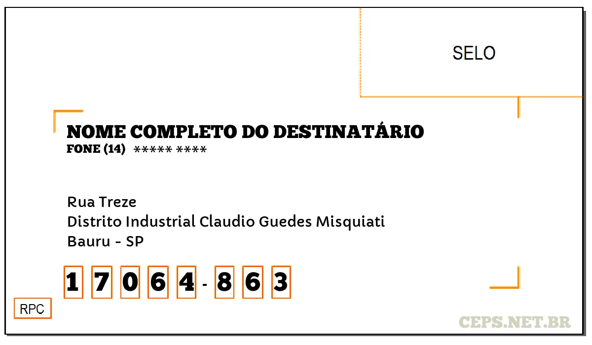 CEP BAURU - SP, DDD 14, CEP 17064863, RUA TREZE, BAIRRO DISTRITO INDUSTRIAL CLAUDIO GUEDES MISQUIATI.