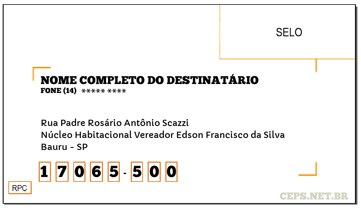 CEP BAURU - SP, DDD 14, CEP 17065500, RUA PADRE ROSÁRIO ANTÔNIO SCAZZI, BAIRRO NÚCLEO HABITACIONAL VEREADOR EDSON FRANCISCO DA SILVA.