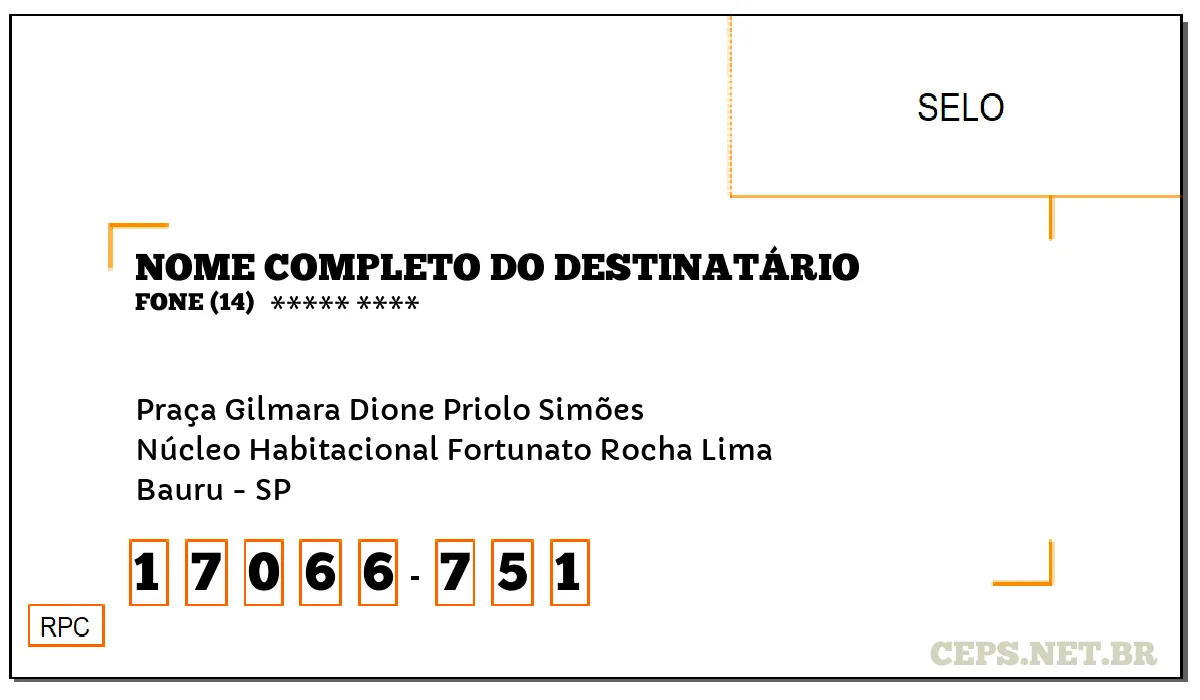 CEP BAURU - SP, DDD 14, CEP 17066751, PRAÇA GILMARA DIONE PRIOLO SIMÕES, BAIRRO NÚCLEO HABITACIONAL FORTUNATO ROCHA LIMA.