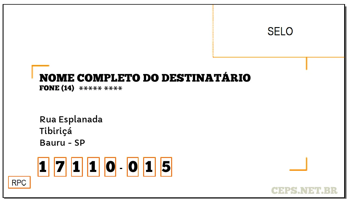 CEP BAURU - SP, DDD 14, CEP 17110015, RUA ESPLANADA, BAIRRO TIBIRIÇÁ.