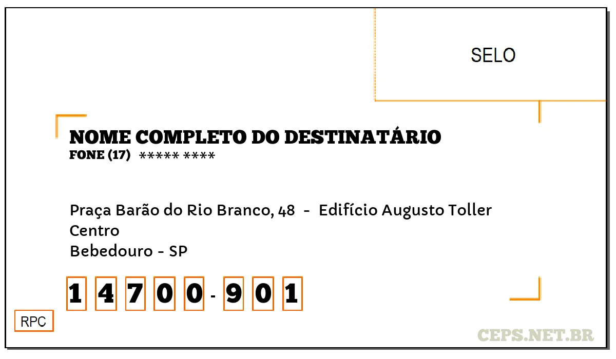 CEP BEBEDOURO - SP, DDD 17, CEP 14700901, PRAÇA BARÃO DO RIO BRANCO, 48 , BAIRRO CENTRO.