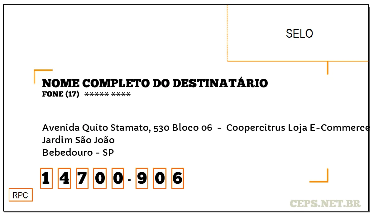 CEP BEBEDOURO - SP, DDD 17, CEP 14700906, AVENIDA QUITO STAMATO, 530 BLOCO 06 , BAIRRO JARDIM SÃO JOÃO.