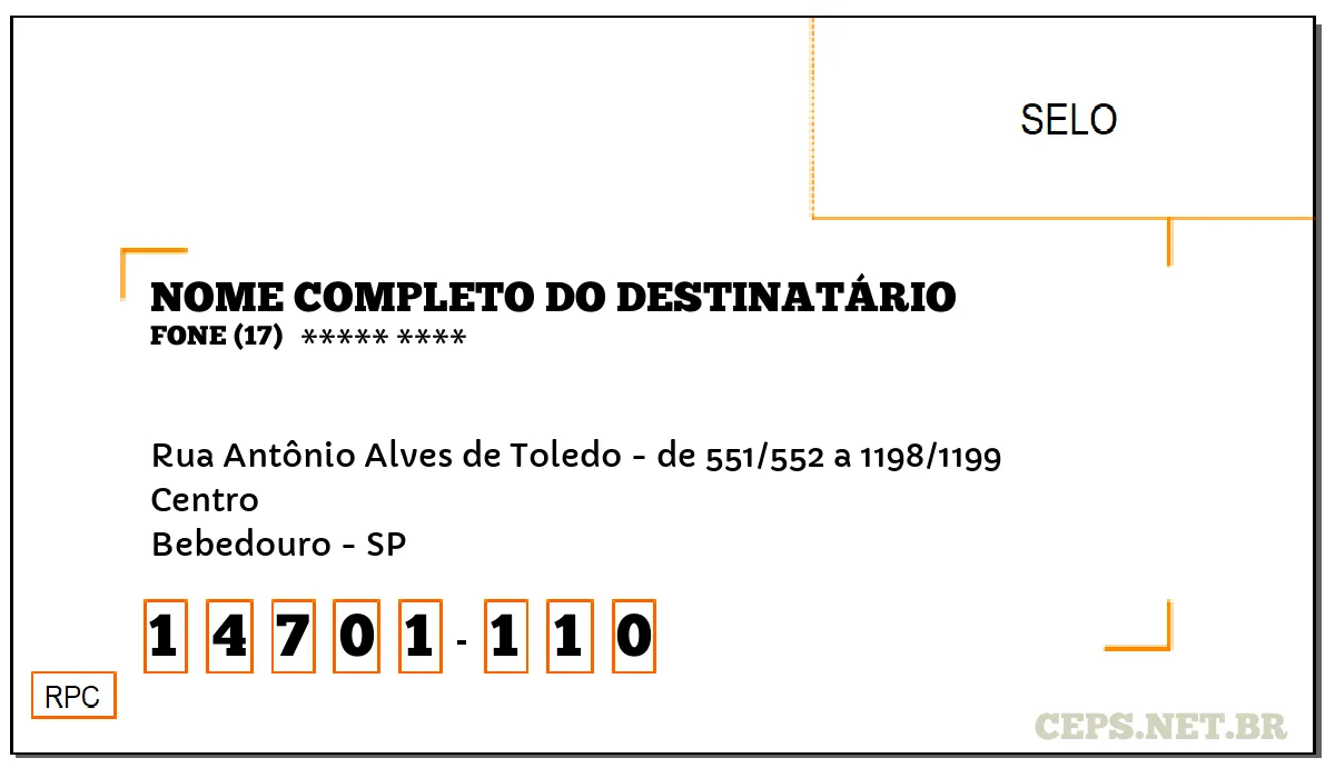 CEP BEBEDOURO - SP, DDD 17, CEP 14701110, RUA ANTÔNIO ALVES DE TOLEDO - DE 551/552 A 1198/1199, BAIRRO CENTRO.