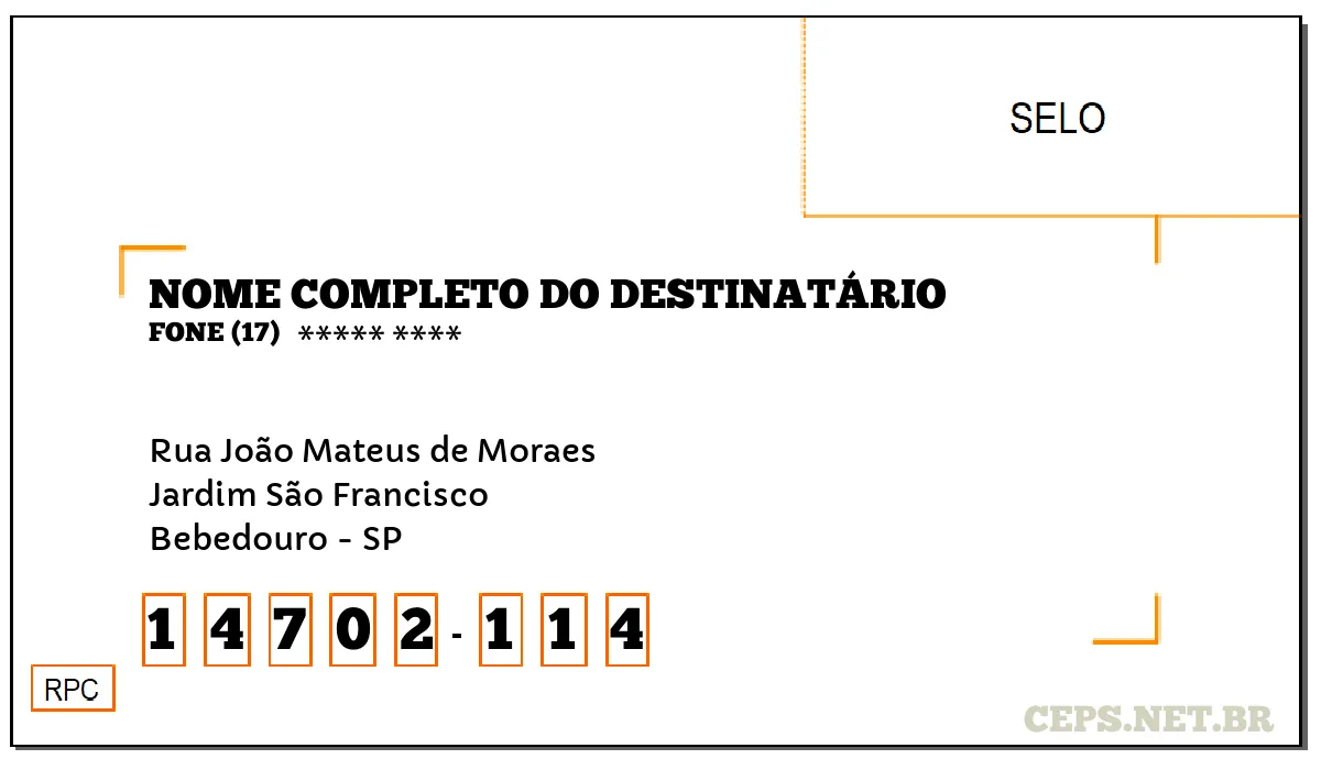 CEP BEBEDOURO - SP, DDD 17, CEP 14702114, RUA JOÃO MATEUS DE MORAES, BAIRRO JARDIM SÃO FRANCISCO.