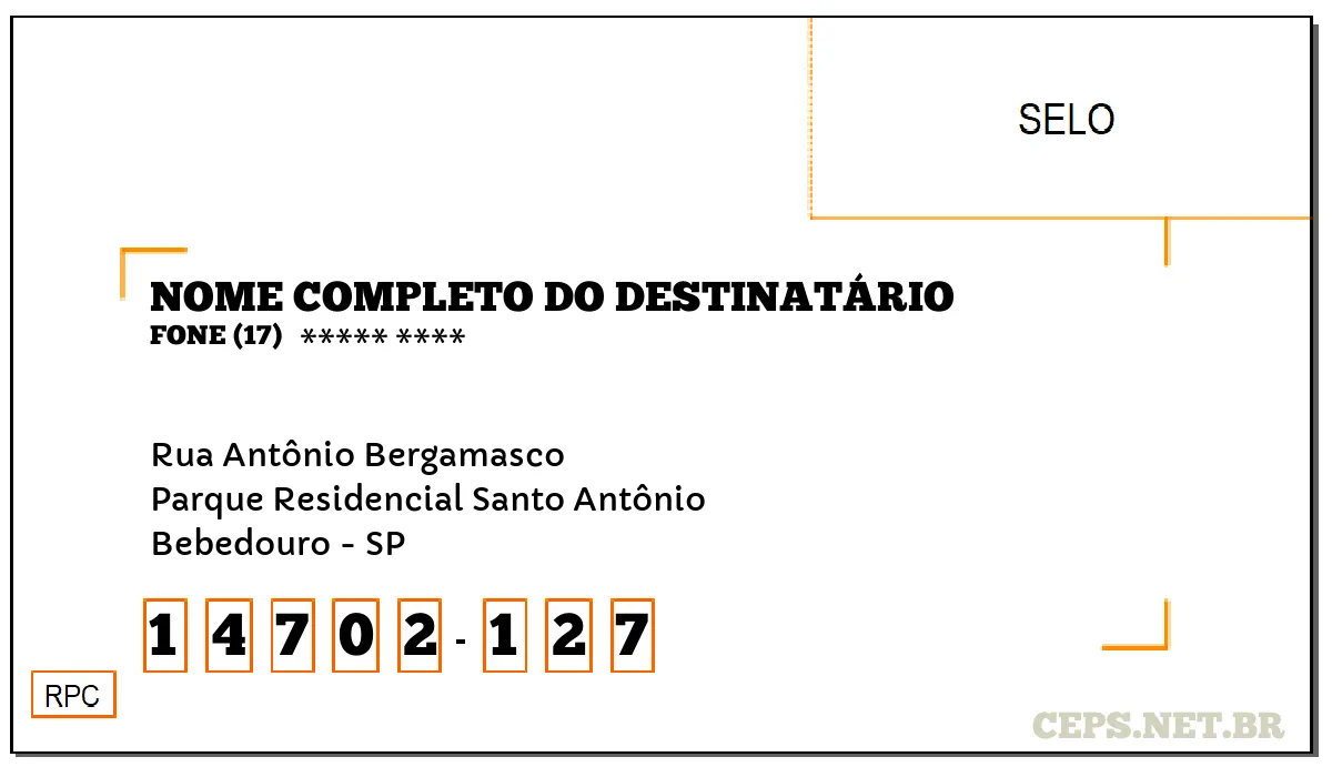 CEP BEBEDOURO - SP, DDD 17, CEP 14702127, RUA ANTÔNIO BERGAMASCO, BAIRRO PARQUE RESIDENCIAL SANTO ANTÔNIO.