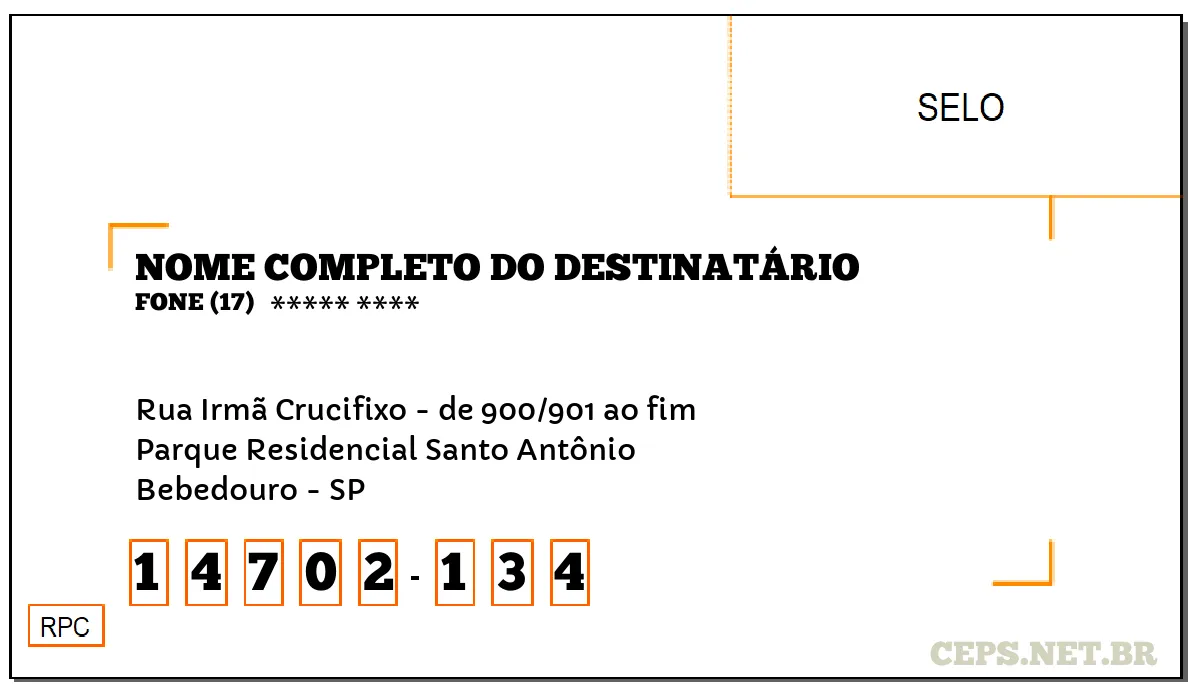 CEP BEBEDOURO - SP, DDD 17, CEP 14702134, RUA IRMÃ CRUCIFIXO - DE 900/901 AO FIM, BAIRRO PARQUE RESIDENCIAL SANTO ANTÔNIO.