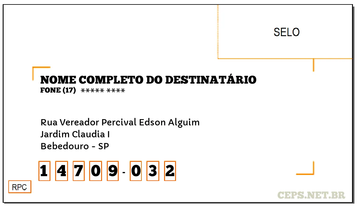 CEP BEBEDOURO - SP, DDD 17, CEP 14709032, RUA VEREADOR PERCIVAL EDSON ALGUIM, BAIRRO JARDIM CLAUDIA I.