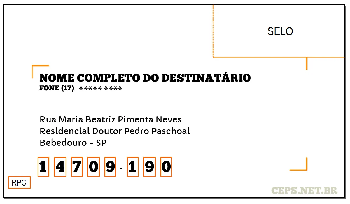 CEP BEBEDOURO - SP, DDD 17, CEP 14709190, RUA MARIA BEATRIZ PIMENTA NEVES, BAIRRO RESIDENCIAL DOUTOR PEDRO PASCHOAL.