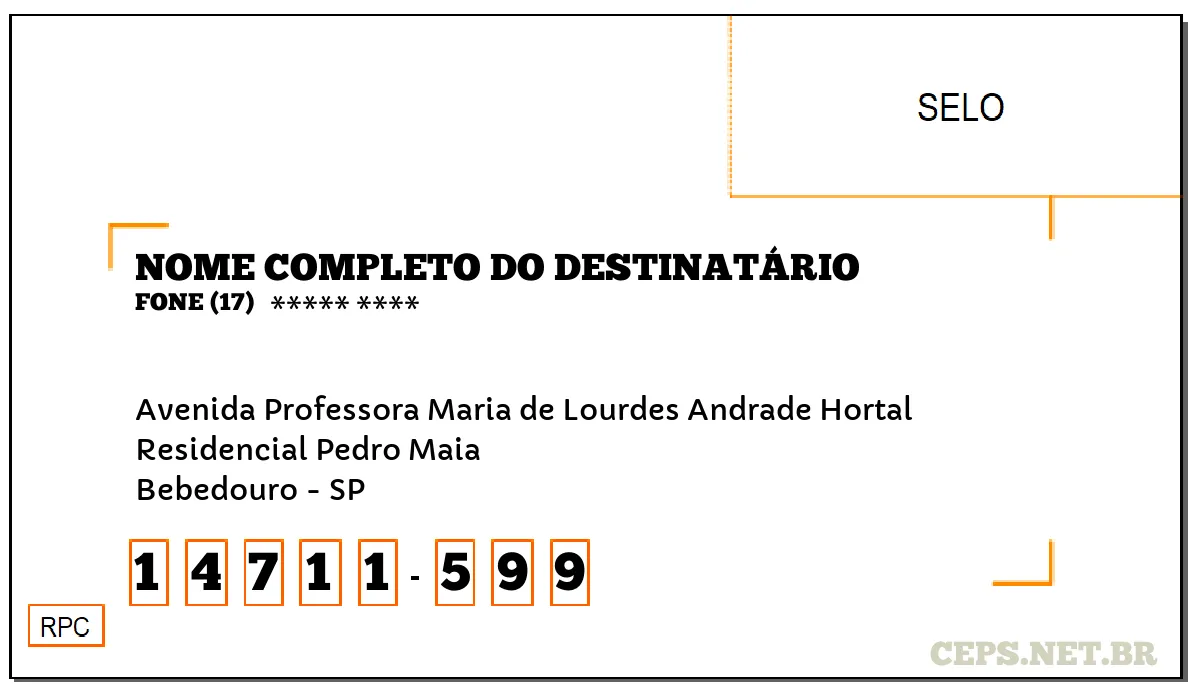 CEP BEBEDOURO - SP, DDD 17, CEP 14711599, AVENIDA PROFESSORA MARIA DE LOURDES ANDRADE HORTAL, BAIRRO RESIDENCIAL PEDRO MAIA.