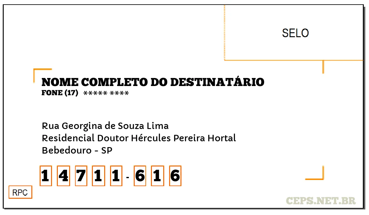 CEP BEBEDOURO - SP, DDD 17, CEP 14711616, RUA GEORGINA DE SOUZA LIMA, BAIRRO RESIDENCIAL DOUTOR HÉRCULES PEREIRA HORTAL.