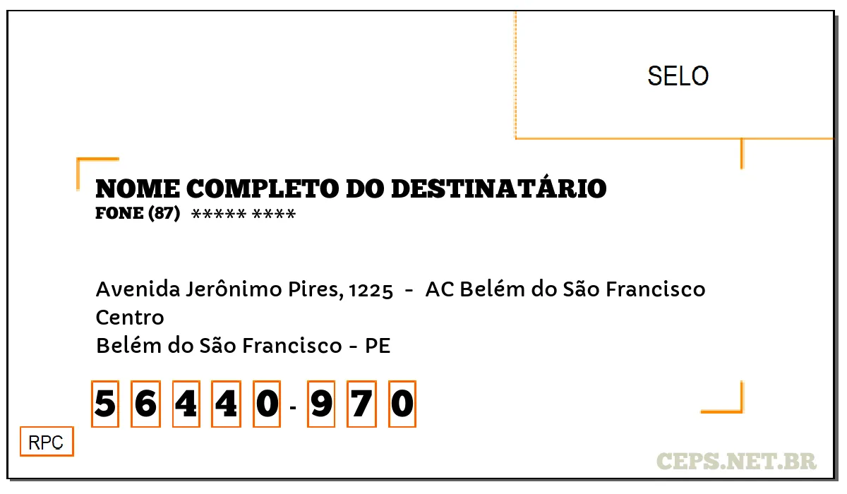 CEP BELÉM DO SÃO FRANCISCO - PE, DDD 87, CEP 56440970, AVENIDA JERÔNIMO PIRES, 1225 , BAIRRO CENTRO.