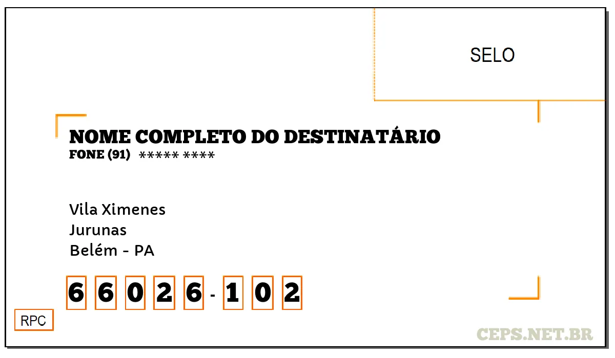 CEP BELÉM - PA, DDD 91, CEP 66026102, VILA XIMENES, BAIRRO JURUNAS.