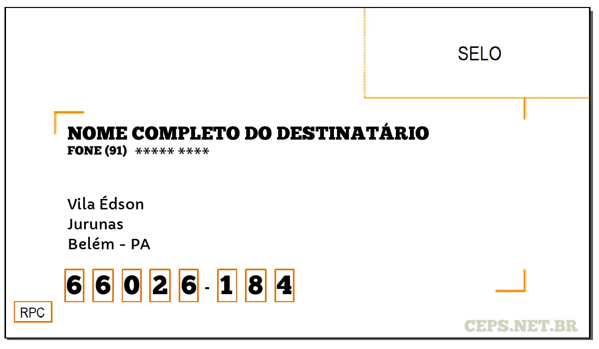 CEP BELÉM - PA, DDD 91, CEP 66026184, VILA ÉDSON, BAIRRO JURUNAS.