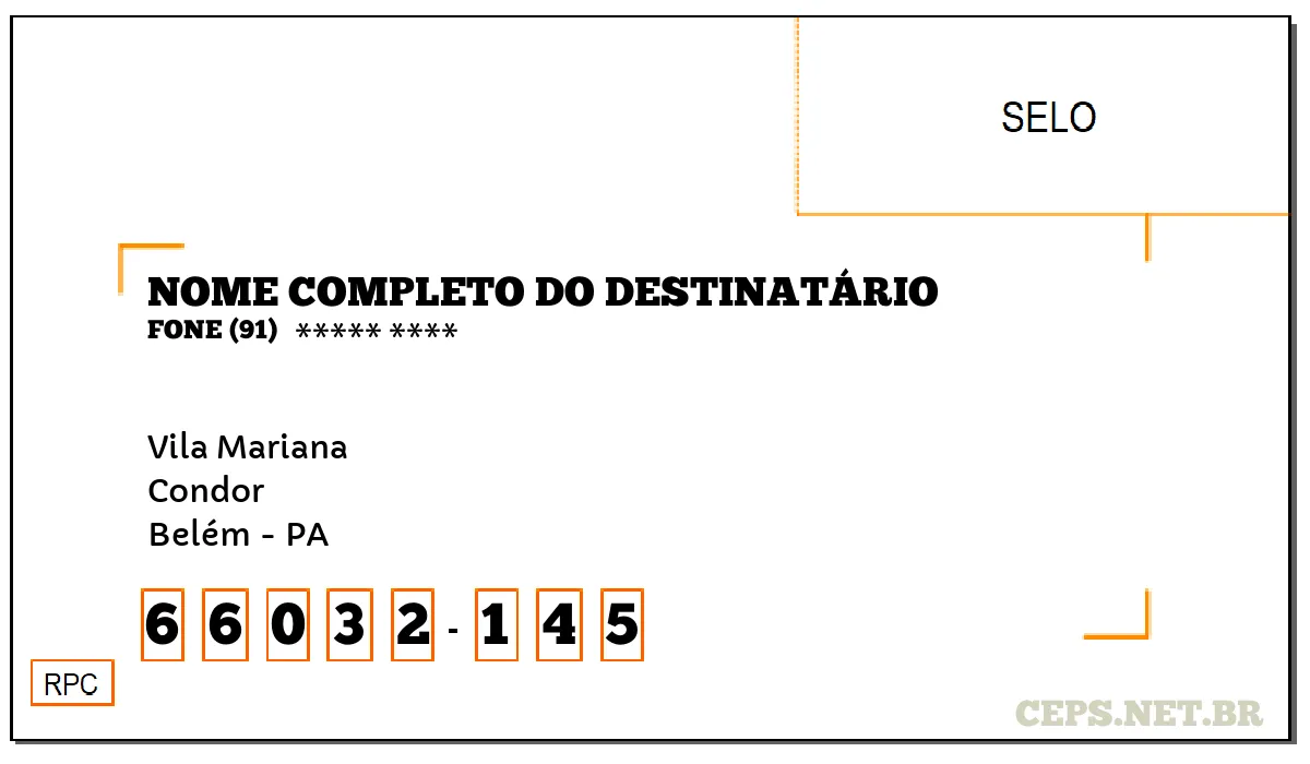 CEP BELÉM - PA, DDD 91, CEP 66032145, VILA MARIANA, BAIRRO CONDOR.