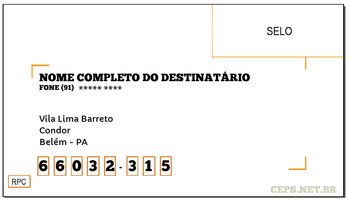 CEP BELÉM - PA, DDD 91, CEP 66032315, VILA LIMA BARRETO, BAIRRO CONDOR.