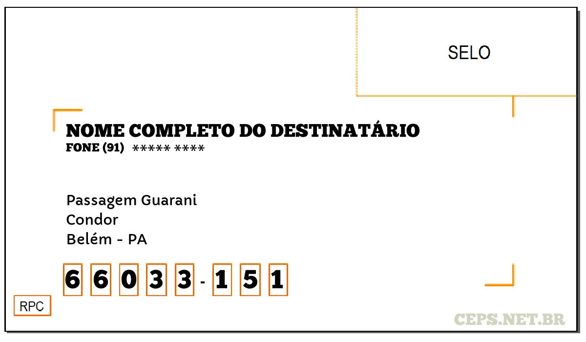 CEP BELÉM - PA, DDD 91, CEP 66033151, PASSAGEM GUARANI, BAIRRO CONDOR.