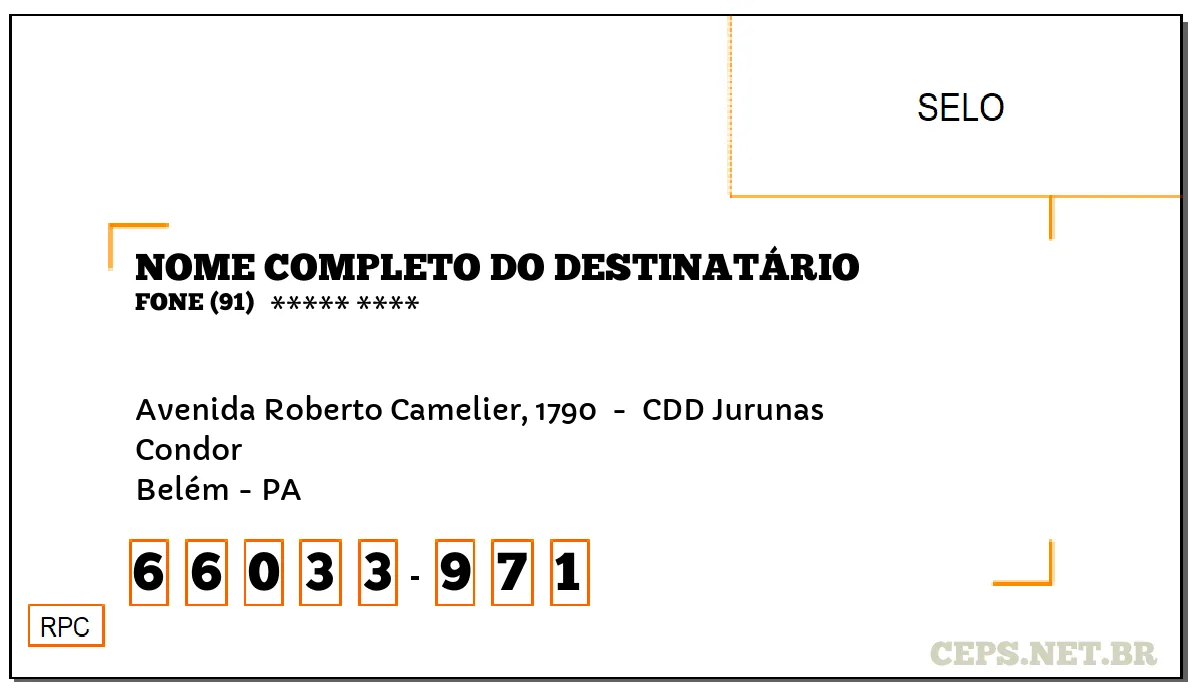 CEP BELÉM - PA, DDD 91, CEP 66033971, AVENIDA ROBERTO CAMELIER, 1790 , BAIRRO CONDOR.