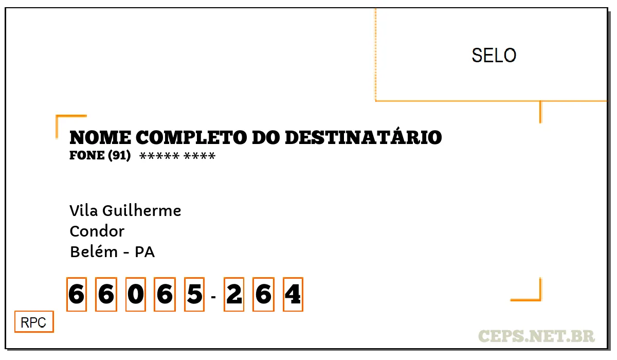 CEP BELÉM - PA, DDD 91, CEP 66065264, VILA GUILHERME, BAIRRO CONDOR.