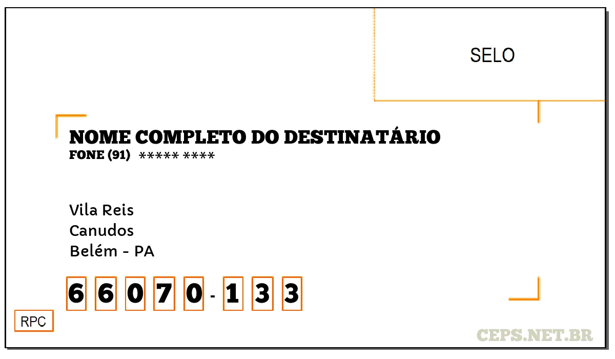 CEP BELÉM - PA, DDD 91, CEP 66070133, VILA REIS, BAIRRO CANUDOS.